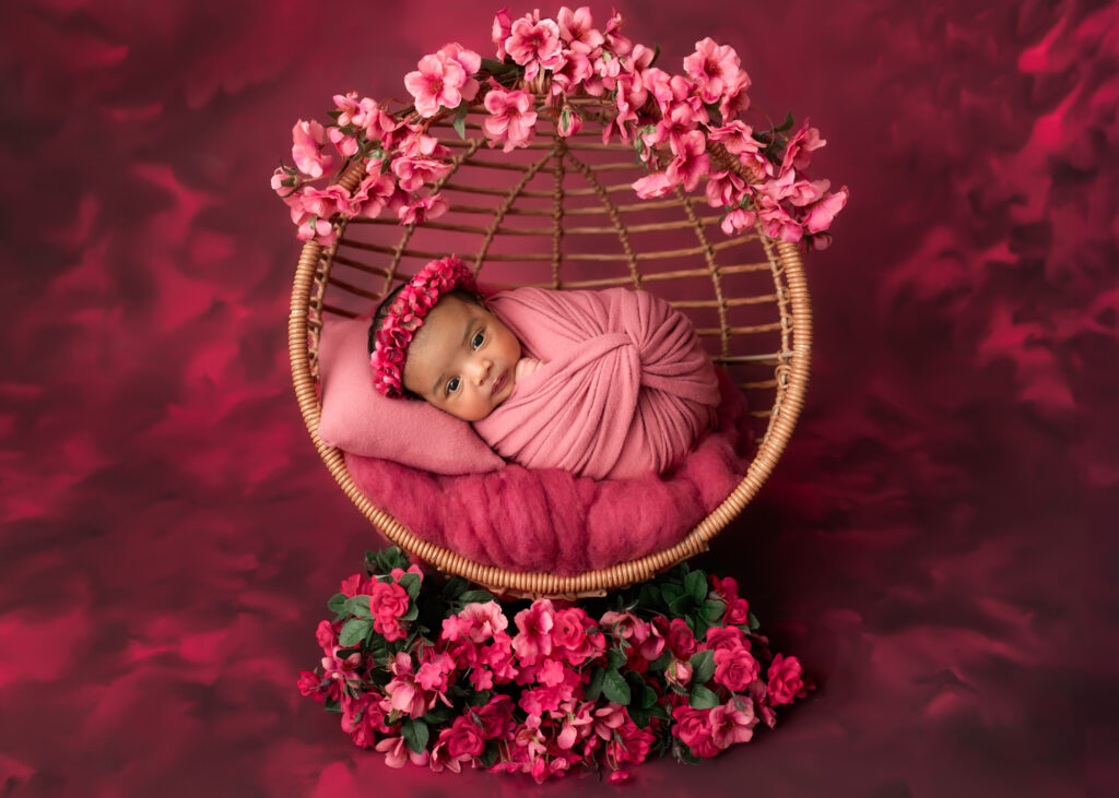 Girl baby photo in pink swing basket with floral base and crown