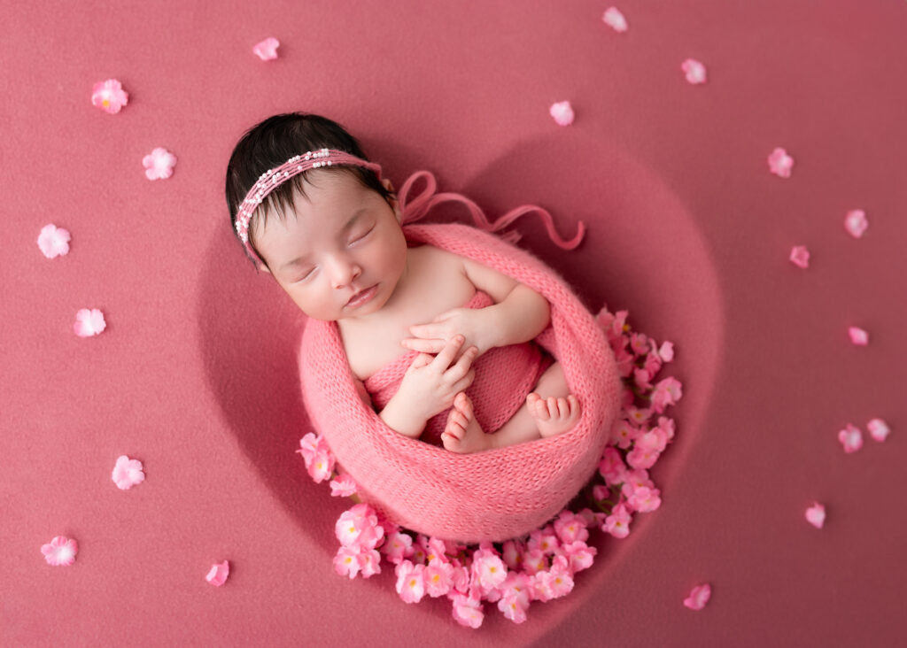 Blush and berry-toned girl baby photo in heart shaped bowl with petal accents