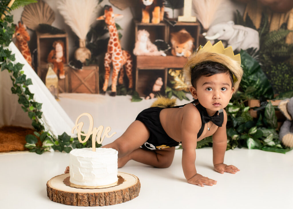 One-year-old boy crawling toward camera in safari birthday outfit