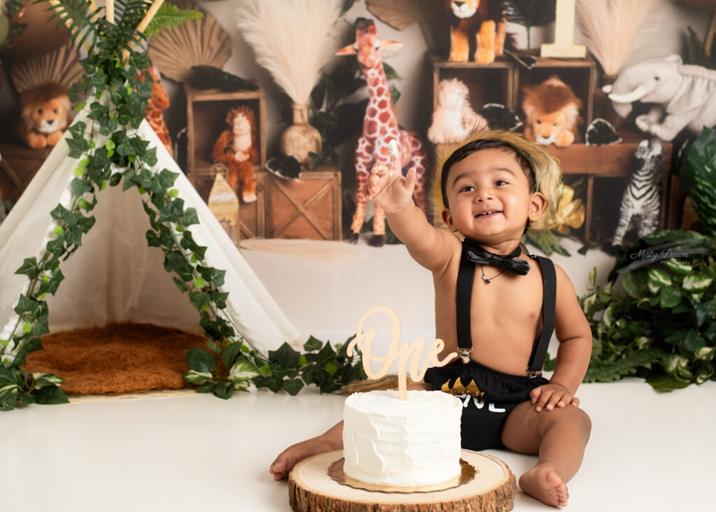 Baby boy lifting cake topper in excitement at jungle-themed cake smash session