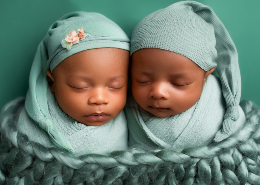 Twins' newborn photography featuring two peacefully sleeping newborn twins, swaddled in soft sage green wraps with matching hats. One twin wears a delicate floral headband, while the other dons a cozy knotted nightcap. They are nestled together in a chunky knit basket against a coordinating green backdrop, capturing the beauty of their serene expressions and perfect newborn features.