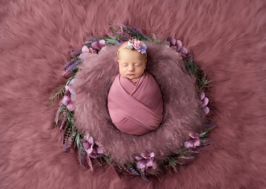 Newborn wrapped in a mauve swaddle nestled in a circular fur and floral nest for a fine-art newborn portrait.
