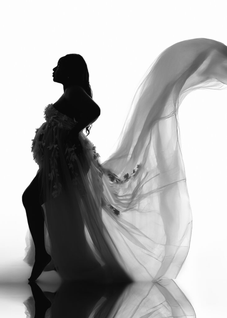 Silhouette of pregnant woman in flowing gown with sheer fabric tossed behind her during a maternity photo session.