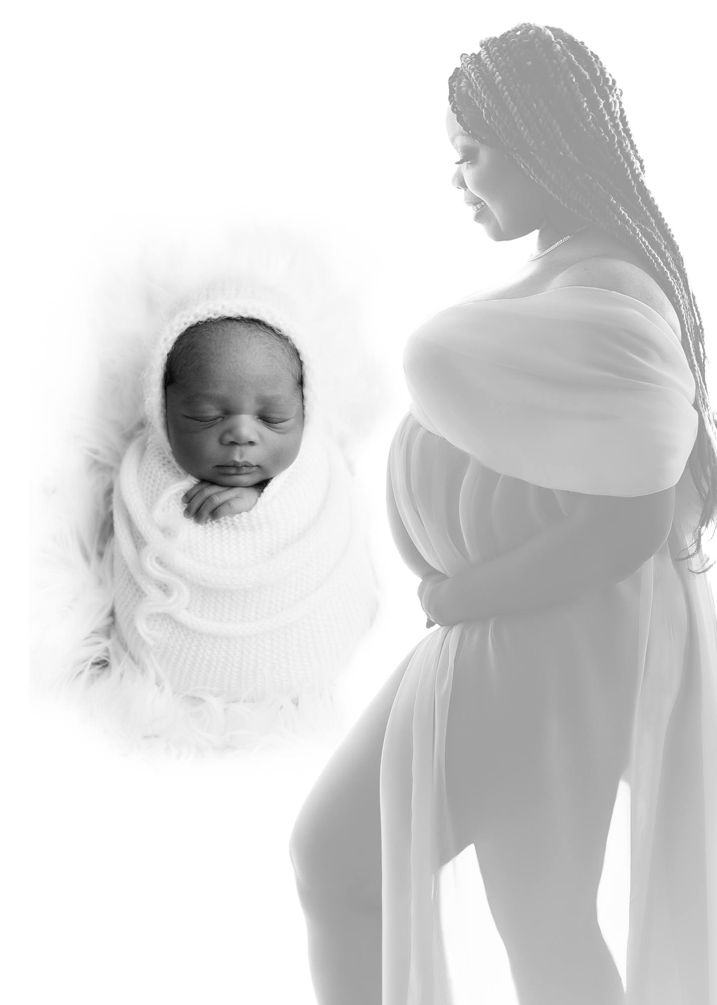 A maternity and newborn photo composite of a pregnant mother and her swaddled newborn baby, captured in a soft, high-key studio style in Birmingham, AL.