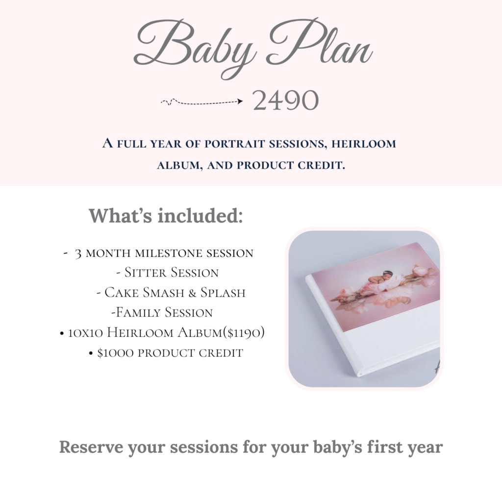 Baby’s First Year photography plan in Birmingham including 3-month milestone, sitter session, cake smash, family session, heirloom album, and product credit.