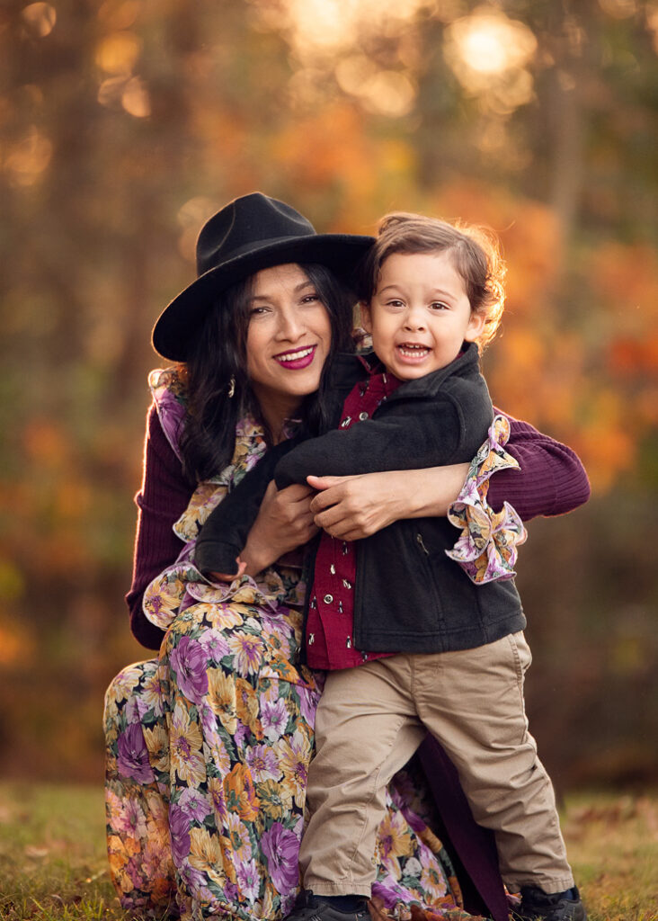 Birmingham fall family portraits with mother and son in warm autumn colors