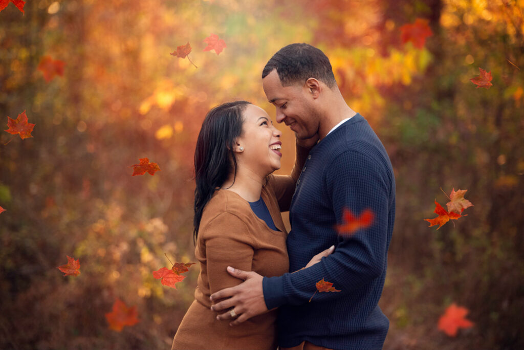 Parents in cozy brown and navy tones.