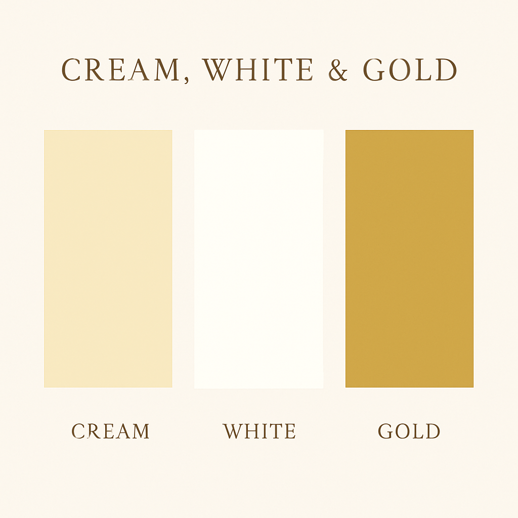 Cream, white, and soft gold color palette for Christmas photos in Birmingham—neutral tones that photograph beautifully in studio holiday portraits