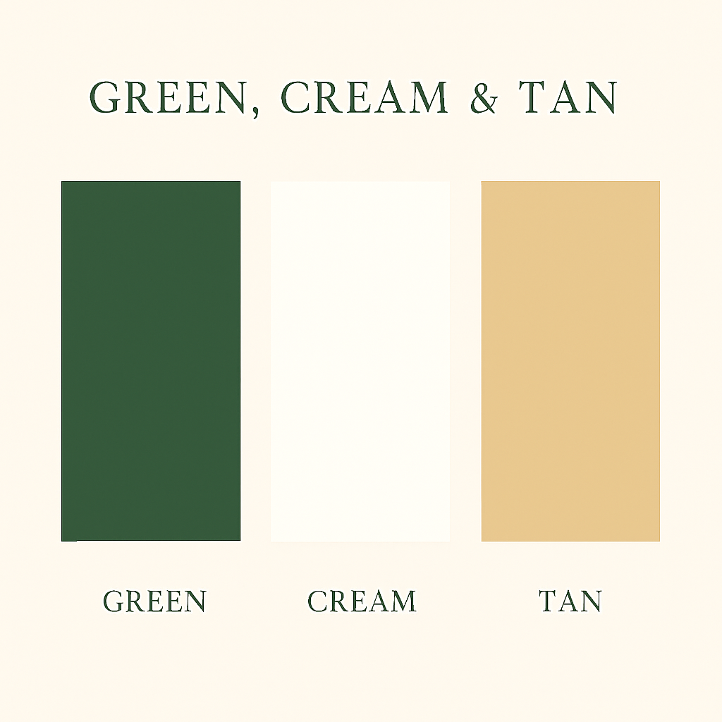 Green, cream, and tan color palette for Christmas photos in Birmingham—warm, cozy tones ideal for coordinated holiday studio portraits.